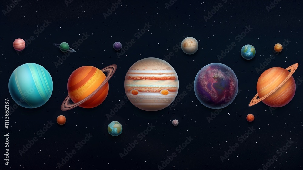 Aufkleber educative planets models in dark space 3d rendering image. celestial bodies of various shapes in cos