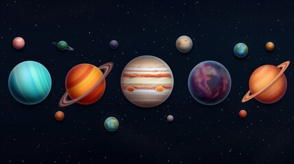 Fototapeta premium Educative planets models in dark space 3d rendering image. Celestial bodies of various shapes in cosmos background wallpaper colorful realistic. Funny astronomy lesson concept idea