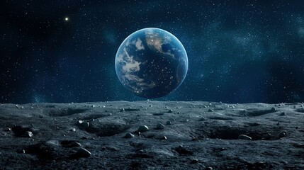 Earth planet in starry sky view from moon image. Contemplating solar system body from asteroid photography scene wallpaper. Astronomy science discovery concept photorealistic photo