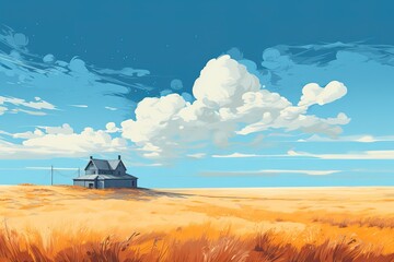 Fototapeta premium Countryside landscape with farm barn, agriculture field and houses in fall. Vector cartoon illustration of autumn scene, farmland with granary, road, fence and orange trees and bushes 