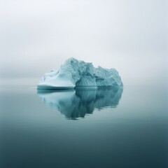 Iceberg reflection in calm sea with foggy and minimalistic atmosphere