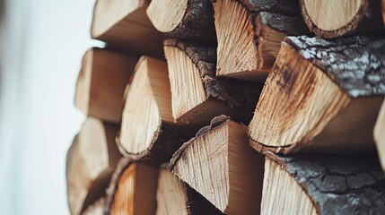 Fototapeta premium Stacked Firewood in Close-Up View: Rustic Beauty of Nature