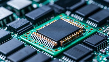 Close-up view of a computer microchip on a green circuit board, showcasing intricate electronic components.
