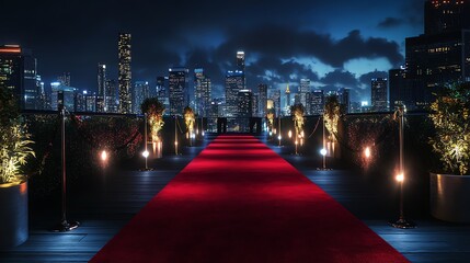Obraz premium A red carpet leads to a city skyline at night.
