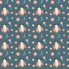 Seamless Pattern With Cute Ladybugs And Wildflowers On Blue Background