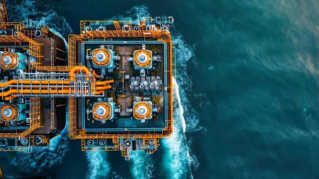 Offshore electricity substation, solar and wind turbine facility, ocean landscape	