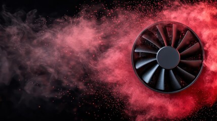An elegant black computer graphics fan enveloped in a dramatic plume of red smoke, capturing a scene of power and cutting-edge technological sophistication.