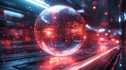 A futuristic bubble featuring dynamic holographic visuals blending internal rotating cubes with refractive light patterns