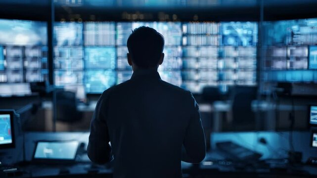 A security expert keeps watch over computer screens in a network operations center adjacent to a server room. Concept Network Security, Operations Center, Server Room, Monitoring Screens	
