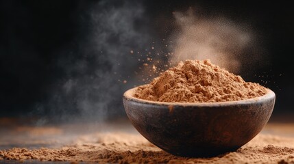 A bowl filled with rich cocoa powder, dust-like smoke rising above, on a dark background, creates a dramatic and mysterious culinary scene evocative of indulgence.