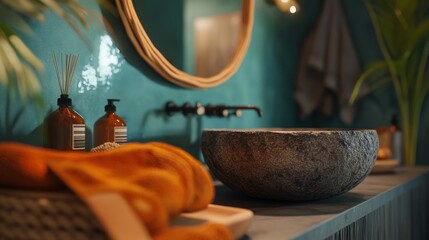 Obraz premium Modern Spa Bathroom With Stone Sink And Teal Walls