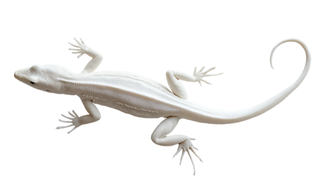 A pale lizard with elongated body and slender tail, showcasing distinct limbs and unique texture.