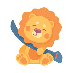 Lion Fluffy Kids Toy on Seat with Safety Belt Vector Illustration