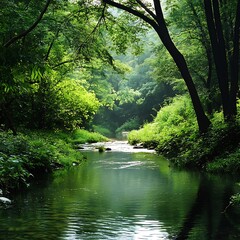 Majestic river flowing through vibrant green surroundings image