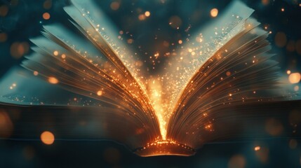 An open book radiating magical light and sparkles