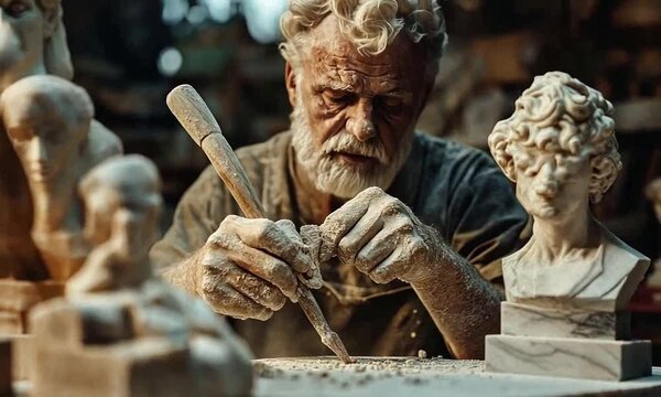 A sculptor meticulously carving a statue in a dusty workshop.