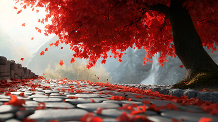 Autumn tree with red leaves in the park,
Vibrant Red Leafed Plants Blossoming, Bold And Stunning, A Tree Adorned With Red Heart shaped Leaves