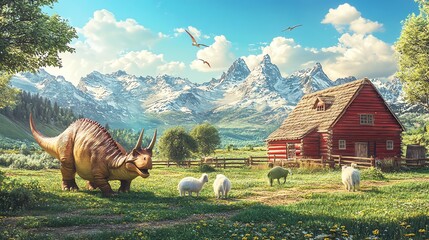 A cartoon dinosaur stands near a farm with sheep, a red barn, and mountains.