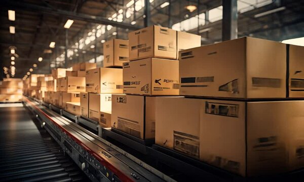 Busy warehouse bustling with activity as packages move efficiently along the conveyor belt