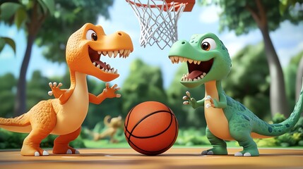Naklejka premium Two cartoon dinosaurs play basketball in a forest setting.
