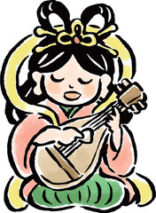 座って琵琶を演奏する弁財天　筆タッチ手描きイラスト