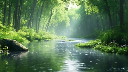 Obraz premium Serene river surrounded vibrant green foliage photos