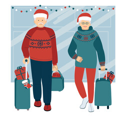 A couple of happy elderly people arrived with Christmas gifts. Colored cartoon vector poster.