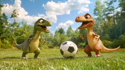 Two cartoon dinosaurs play soccer in a forest setting.