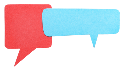 Red blue blank cut out cardboard paper speech bubbles with rough edges and copy space for text on transparent png background design element