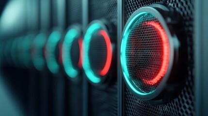 A row of servers in a data center features glowing circular lights, representing technology and information flow with a sleek, modern design.