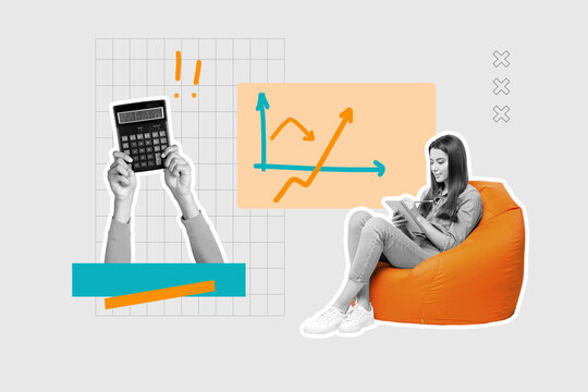 Trend template sketch design 3D photo collage of trade business goal trader success hand hold calculator young lady sit beanbag write note