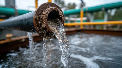 A rusty pipe is shown discharging water filled with sediments into a collection pool outdoors, highlighting industrial water management and environmental concerns.