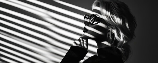 A striking black-and-white profile of a woman in sunglasses, with bold shadows and light stripes creating a dramatic effect.