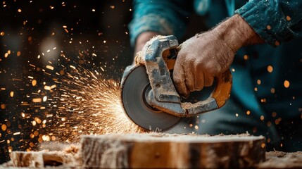 Hands expertly maneuver a power saw with sparks flying out cutting wood, capturing a moment of skilled craftsmanship in an energetic, industrious ambiance.
