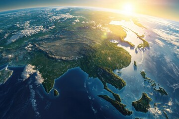 Beautiful view of the Earth from space, with the sun shining brightly on the land and water. The colors are vibrant and the scene is peaceful