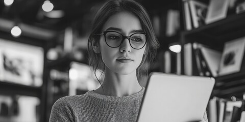 Woman wearing glasses is looking at a tablet. Concept of focus and concentration as the woman reads or works on the tablet. The black and white color scheme adds a timeless