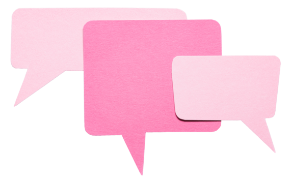 Pink blank cut out cardboard paper speech bubbles with rough edges and copy space for text on transparent png background design element