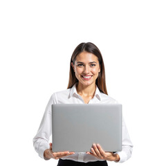 Female business woman in a business suit with laptop on a transparet background. Office worker. Busy, productive
