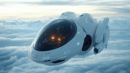 A sleek, futuristic white spaceship flies smoothly above a sea of white, fluffy clouds, conveying a sense of advanced technology and boundless exploration.
