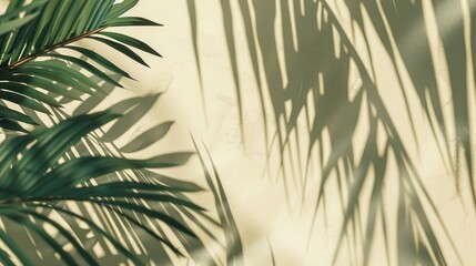 Obraz premium Leafy palm tree casts a shadow on a wall. The shadow is long and thin, stretching across the wall. Concept of tranquility and relaxation, as the palm tree's leaves provide a natural