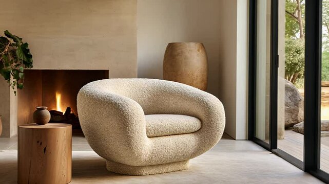 White cozy soft armchair. Interior design of living room, warm minimalism, wabi sabi style