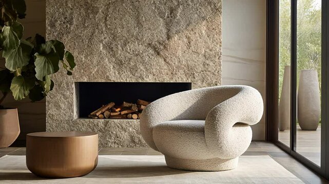 White cozy soft armchair. Interior design of living room, warm minimalism, wabi sabi style