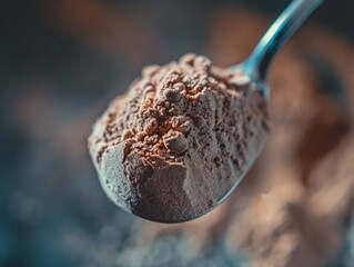 Spoonful of powder is shown in the image. The spoon is filled with the powder, and it is a mixture of different colors. Concept of curiosity and intrigue