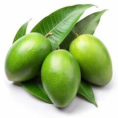 Fresh green mangoes arranged neatly on vibrant mango leaves, isolated