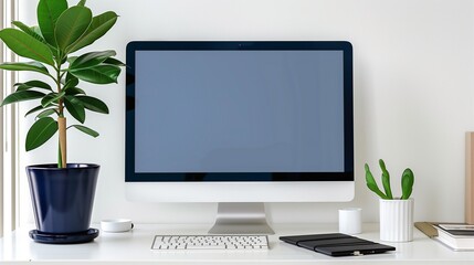 A modern workspace featuring a computer monitor, keyboard, plant, and minimalist decor on a white desk top
