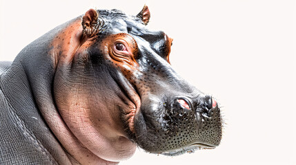 Portrait of a Hippopotamus: Close-up, isolated on a white background.