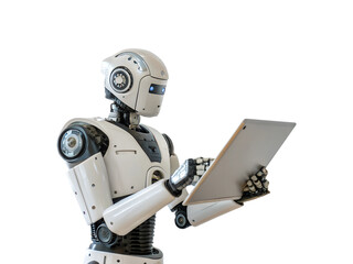 A robot assistant is holding a modern digital tablet isolated on a white background, png