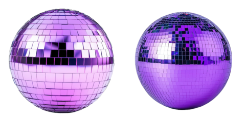Two vibrant purple disco balls, featuring reflective surfaces with square mirrors, ideal for festive occasions and dance parties.