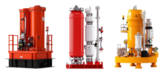 Three industrial pressure vessels in vibrant colors, showcasing different designs and configurations used for various processing applications.