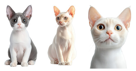 Three cats with distinct patterns and colors, each displaying unique expressions and features, positioned closely together.